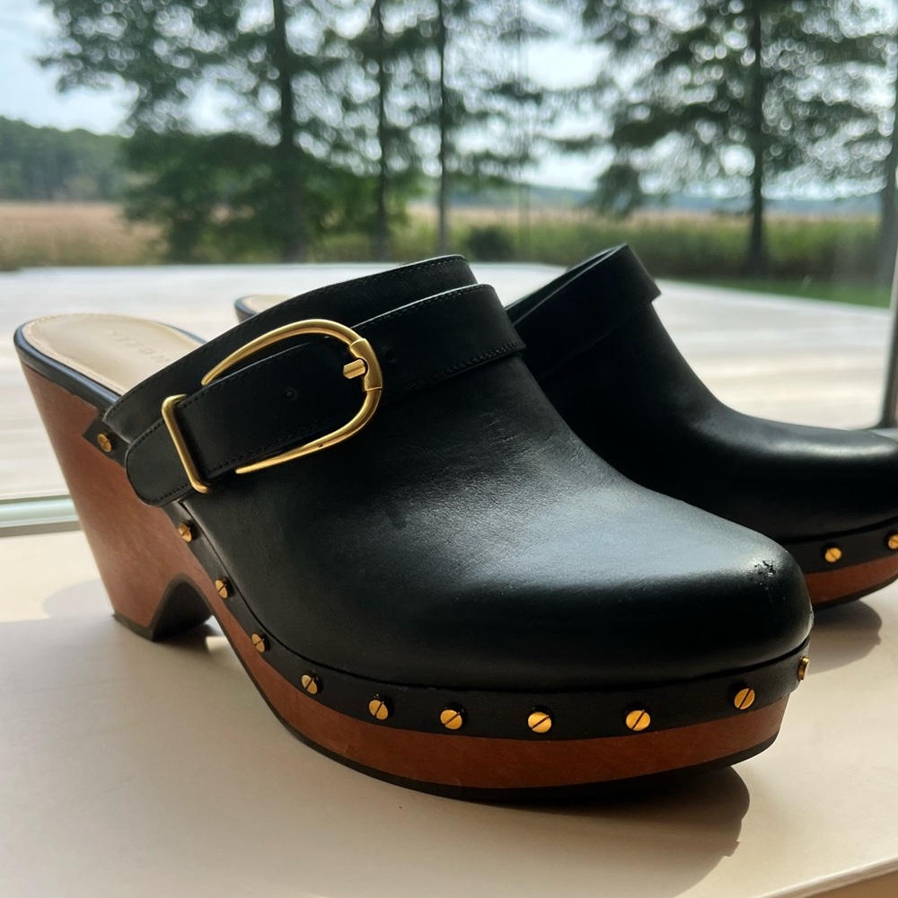 Veronica Beard Hendrix Buckled Clogs Black Leather Size 7.5